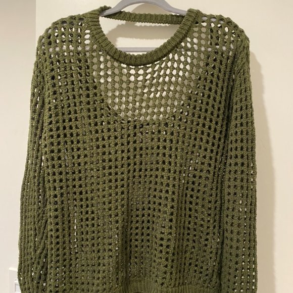 Sweaters - Olive Green Stretch Fishnet Longsleeve with Back Cut-Out